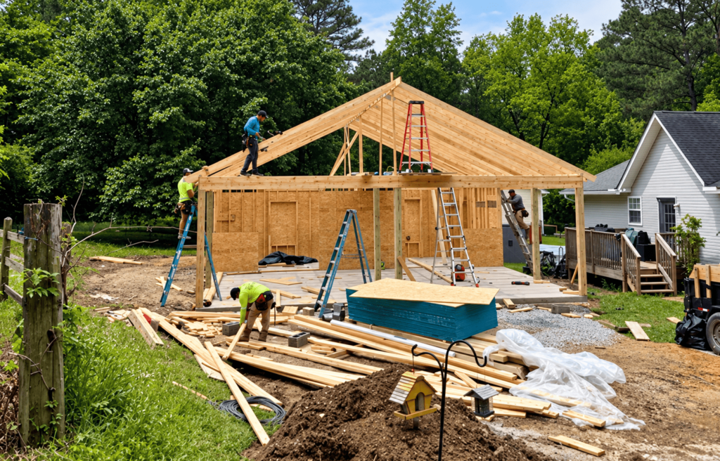Workers constructing a house with wooden frames and ladders.