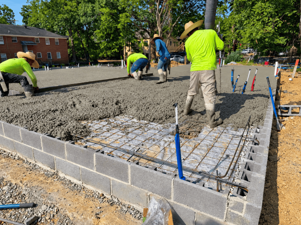 Workers pouring concrete for a foundation at a construction site.