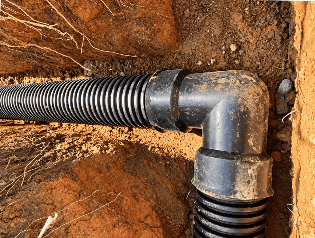 Underground drainage pipe with elbow joint in brown soil.